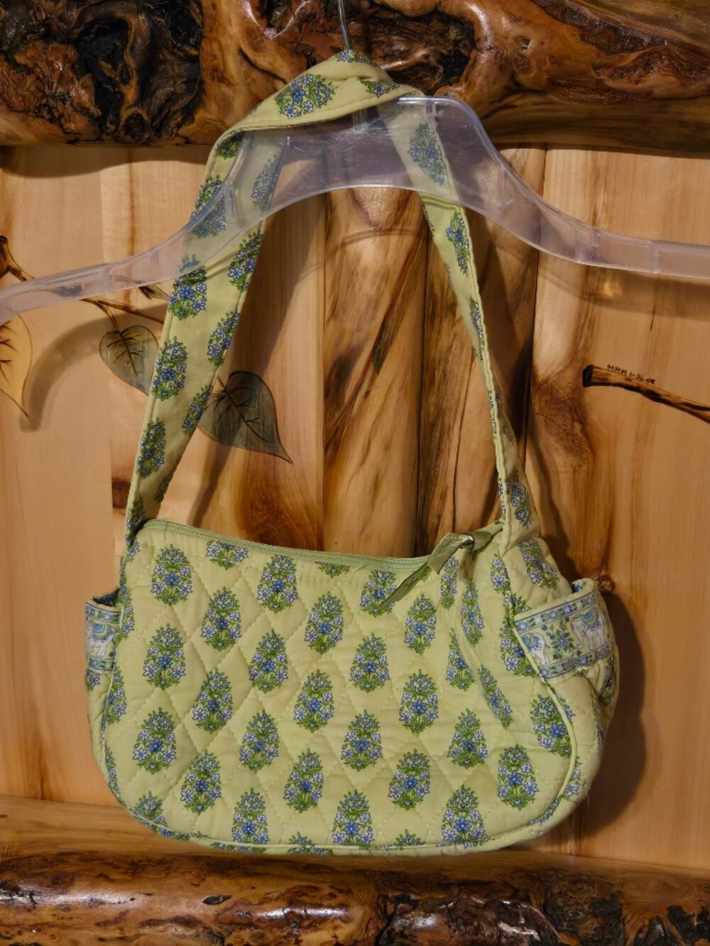 Vera Bradley Bag   Chartreuse   Elephant with blue flowers.